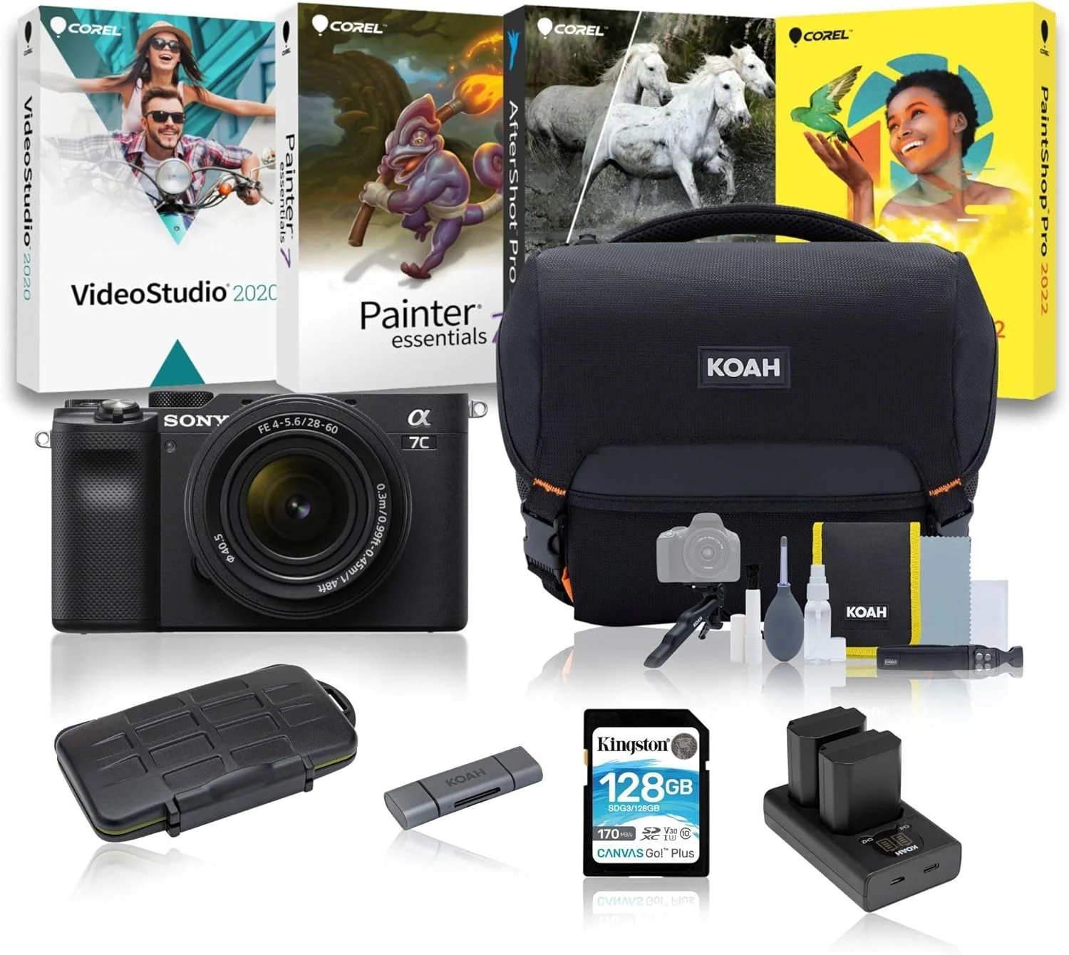 دوربین هیبریدی فول فریم Sony Alpha 7C II با لنز 28-60 میلی‌متری (مشکی) به همراه باتری‌های لیتیوم یونی، کیف و کیت تمیزکننده، مجموعه نرم‌افزاری، کارت‌خوان و جعبه نگهداری، کارت حافظه (6 قطعه)