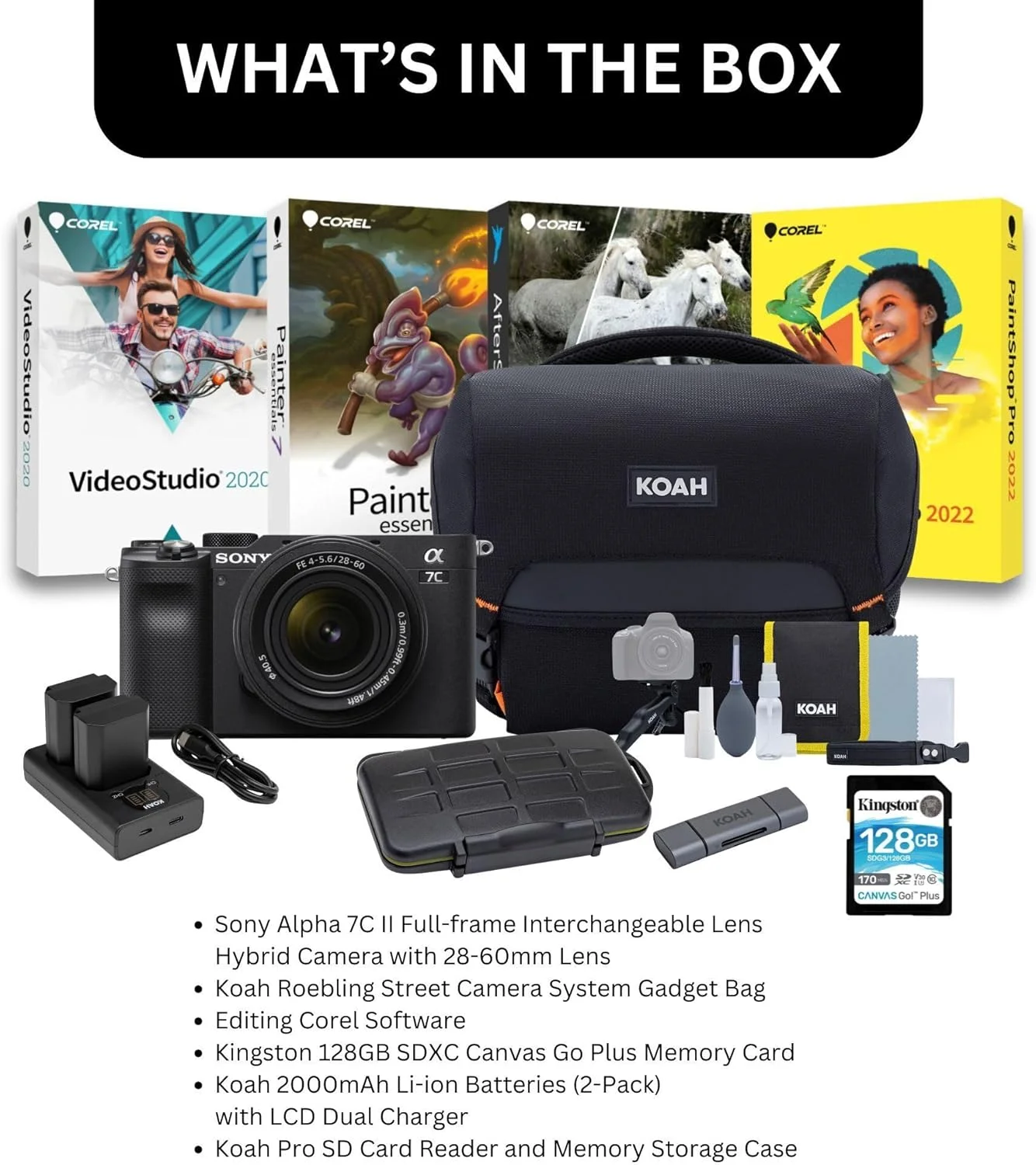 دوربین هیبریدی فول فریم Sony Alpha 7C II با لنز 28-60 میلی‌متری (مشکی) به همراه باتری‌های لیتیوم یونی، کیف و کیت تمیزکننده، مجموعه نرم‌افزاری، کارت‌خوان و جعبه نگهداری، کارت حافظه (6 قطعه)