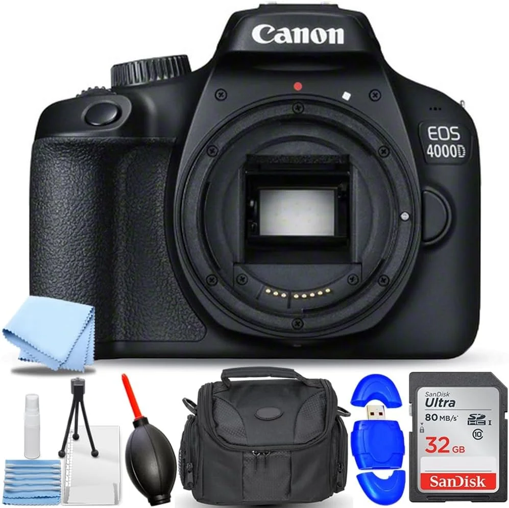 بدنه دوربین دیجیتال کانن EOS 4000D به همراه کارت حافظه 64 گیگابایتی SanDisk Ultra، دمنده هوا و سایر لوازم جانبی (مجموعه 7 عددی) (بازسازی شده)