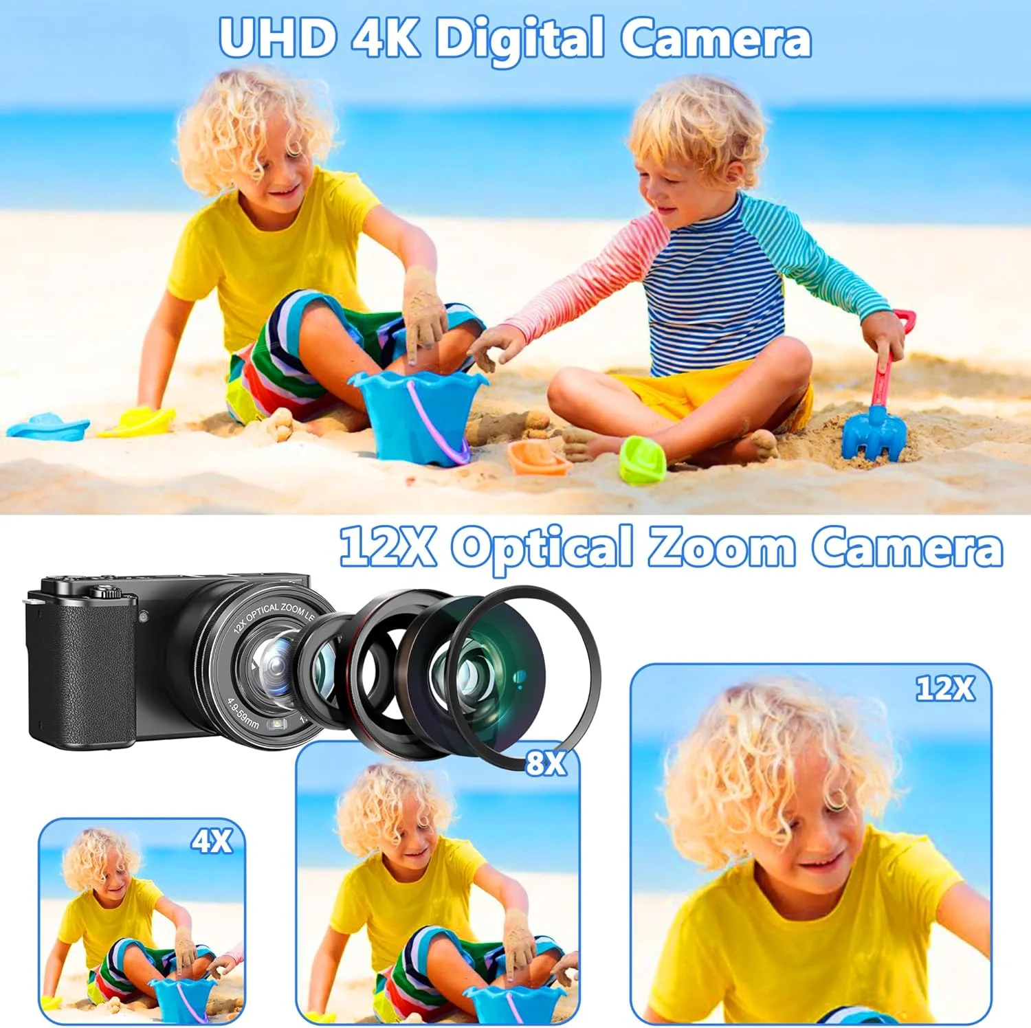 دوربین عکاسی با زوم اپتیکال 12X: دوربین دیجیتال 4K با حسگر 1/2.8 اینچی و فوکوس خودکار، دارای وای فای داخلی و کارت حافظه 64 گیگابایتی