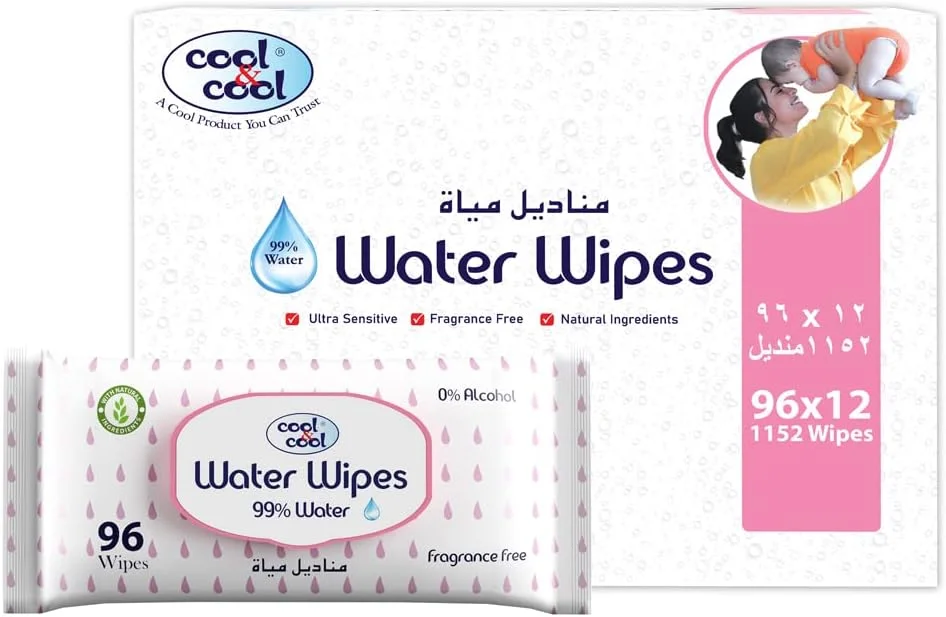 دستمال مرطوب کودک کول اند کول مدل AquaWipes بسته 96 عددی (بسته 10 تایی + 2 عدد رایگان) - 99% آب خالص، فاقد الکل، فوق العاده ملایم، بدون عطر، مواد طبیعی 1152 عدد دستمال