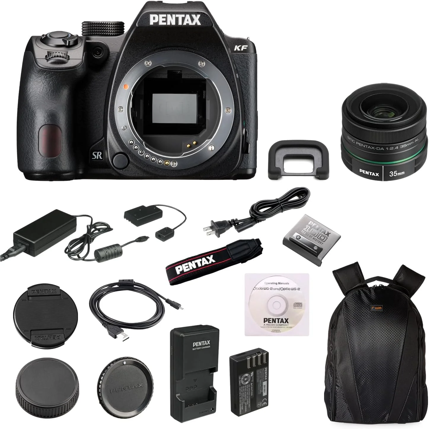 دوربین دیجیتال SLR پنتکس KF APS-C (مشکی) | سنسور CMOS 24 مگاپیکسلی، Wi-Fi داخلی به همراه لنز 35 میلی‌متری Pentax DA L F2.4 AL و کوله پشتی دوربین Waith با محفظه‌های متعدد (مجموعه)