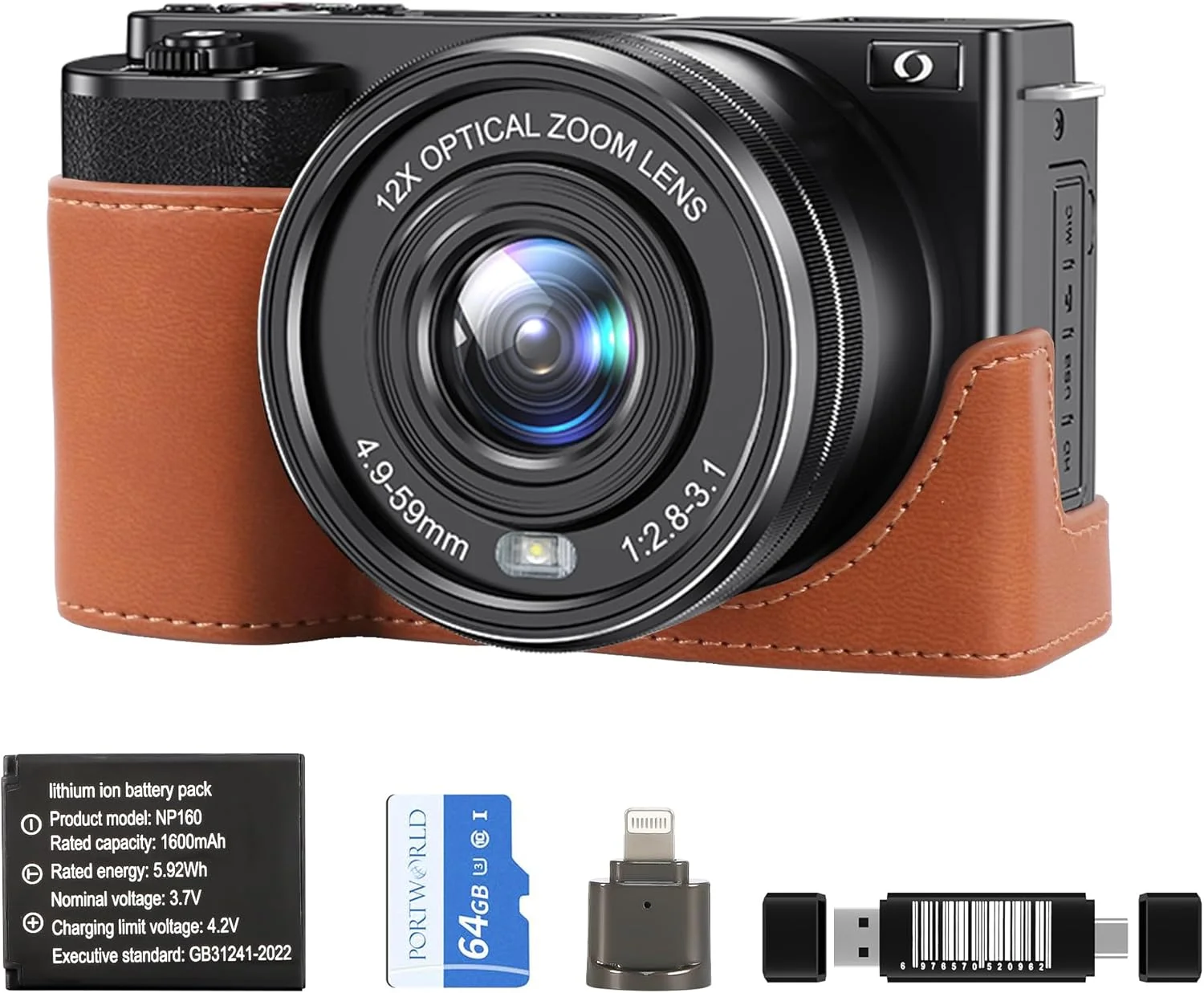 دوربین عکاسی با زوم اپتیکال 12X: دوربین دیجیتال 4K با سنسور 1/2.8 اینچی و فوکوس خودکار، دارای وای فای داخلی و کارت حافظه 64 گیگابایتی