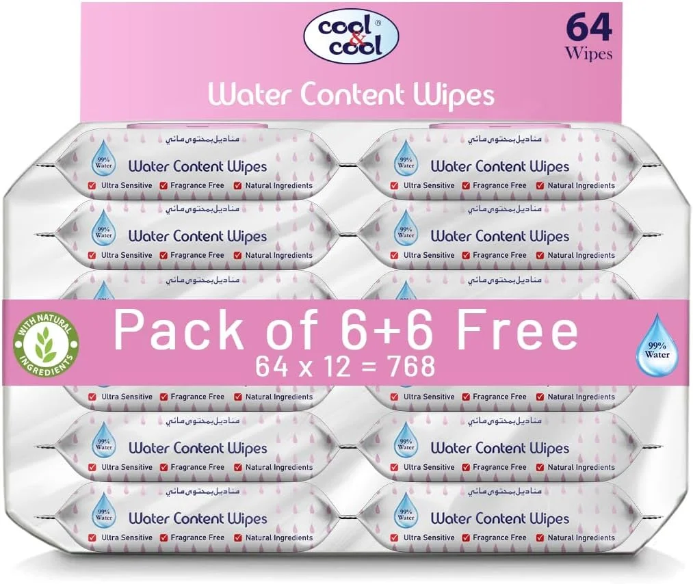 دستمال مرطوب کودک حاوی آب کول اند کول 64 عددی (بسته 6 تایی + 6 عدد رایگان) - 99% آب، فوق العاده ملایم، بدون عطر - 768 عدد دستمال