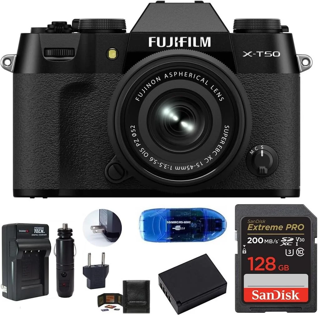 دوربین بدون آینه فوجی فیلم X-T50 با لنز 15-45 میلی‌متری (مشکی) باندل، شامل: کارت حافظه SanDisk 128GB Extreme PRO، باتری اضافی و موارد دیگر (6 قطعه)