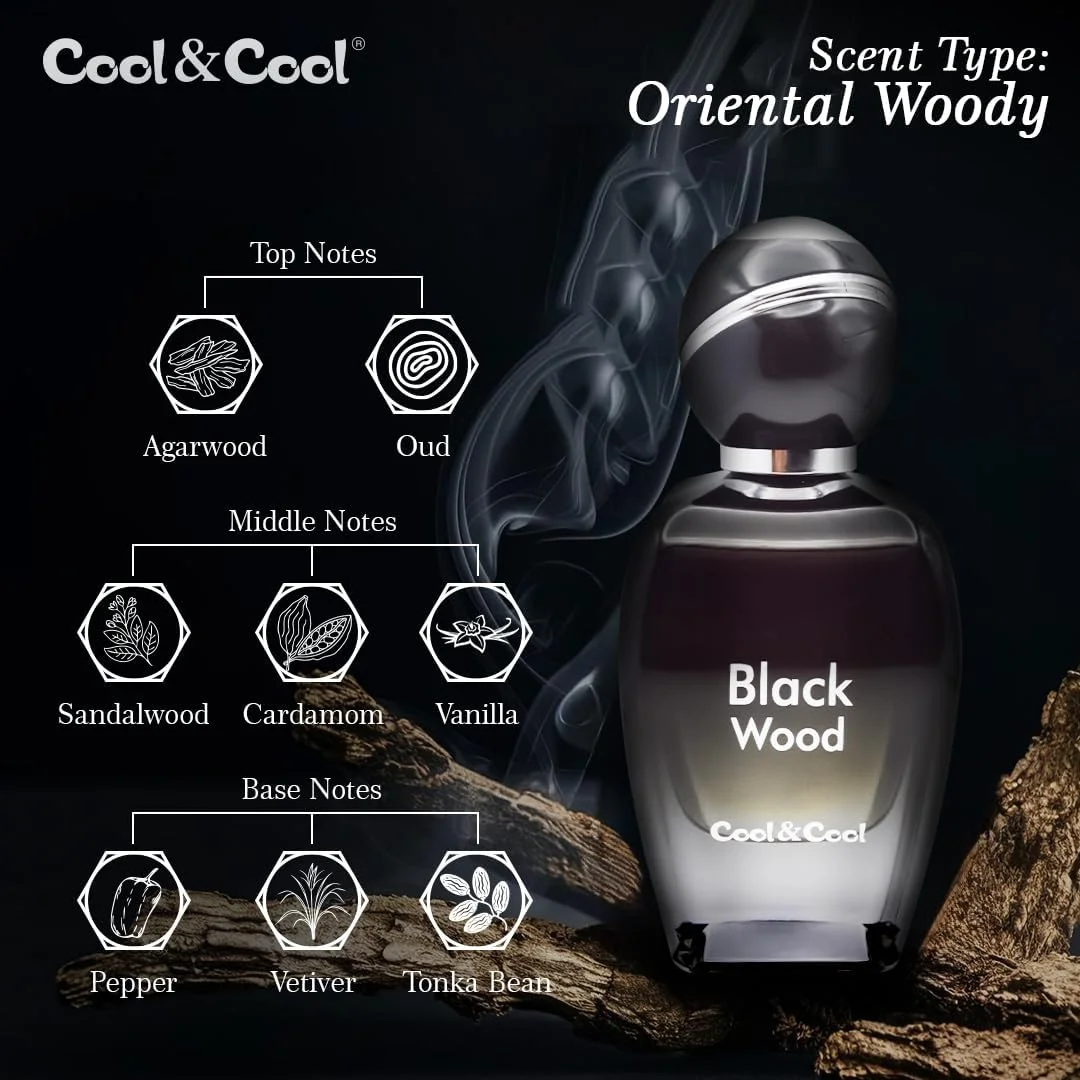 Cool & Cool Black Wood Perfume 100ML - Oriental Woody Fragrance with Agarwood, Sandalwood, Cardamom & Vetiver Unisex, Elegant & Long-Lasting