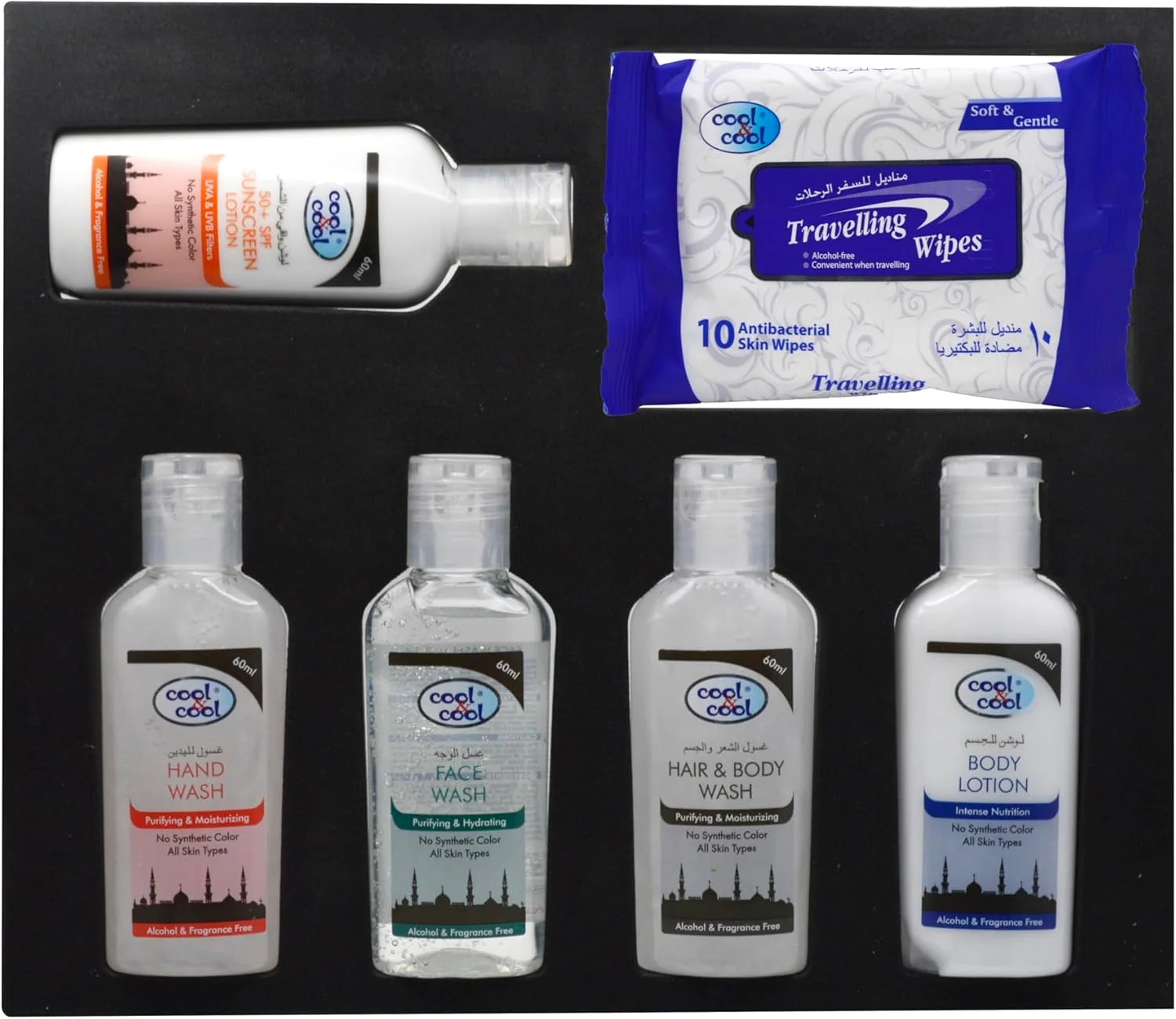 مجموعه مراقبت ضروری همه کاره کول اند کول برای حج و عمره - بدون الکل و عطر - شستشوی دست، شستشوی صورت، شستشوی مو و بدن، لوسیون بدن، ضد آفتاب SPF 50+ و دستمال مرطوب مسافرتی