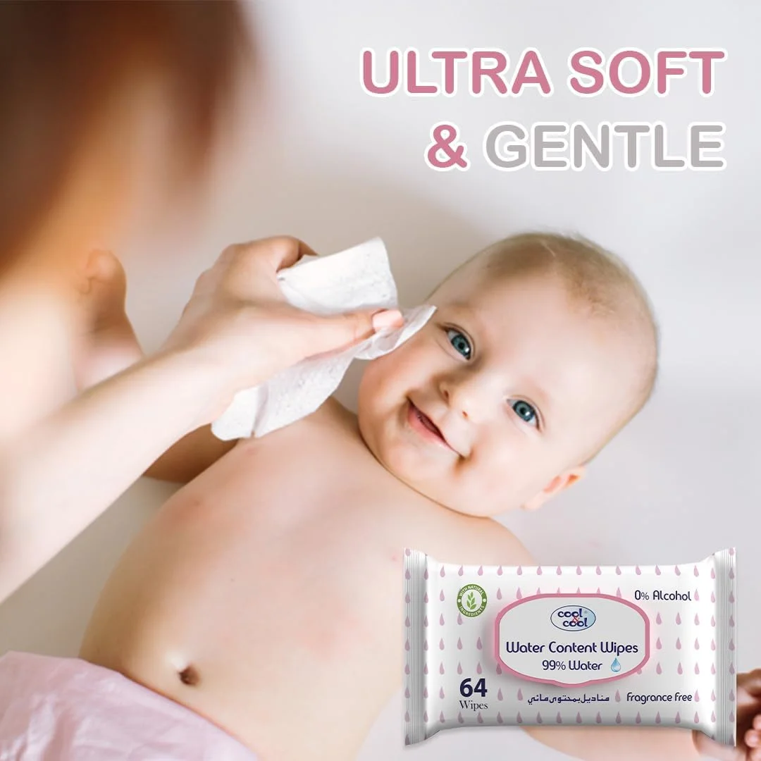 دستمال مرطوب کودک حاوی آب کول اند کول 64 عددی (بسته 6 تایی + 6 عدد رایگان) - 99% آب، فوق العاده ملایم، بدون عطر - 768 عدد دستمال