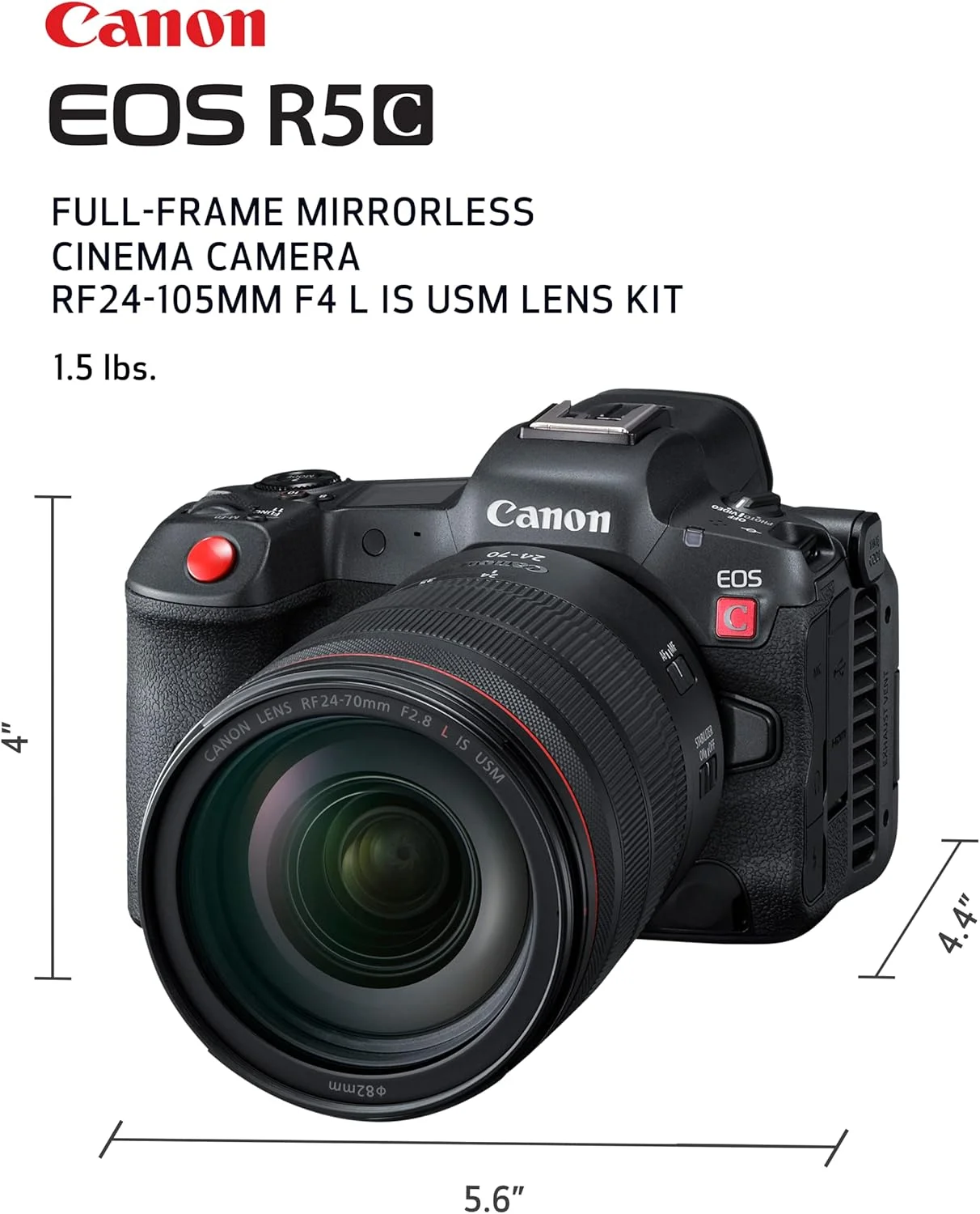 کیت دوربین فیلمبرداری/عکاسی حرفه‌ای کانن EOS R5 C با لنز RF24-105mm F4 L IS USM، سنسور فول فریم 8K/60P، مانت RF، خروجی HDMI RAW 8K، اورسمپلینگ 4K/2K، طراحی فشرده و سبک، Dual Pixel CMOS AF