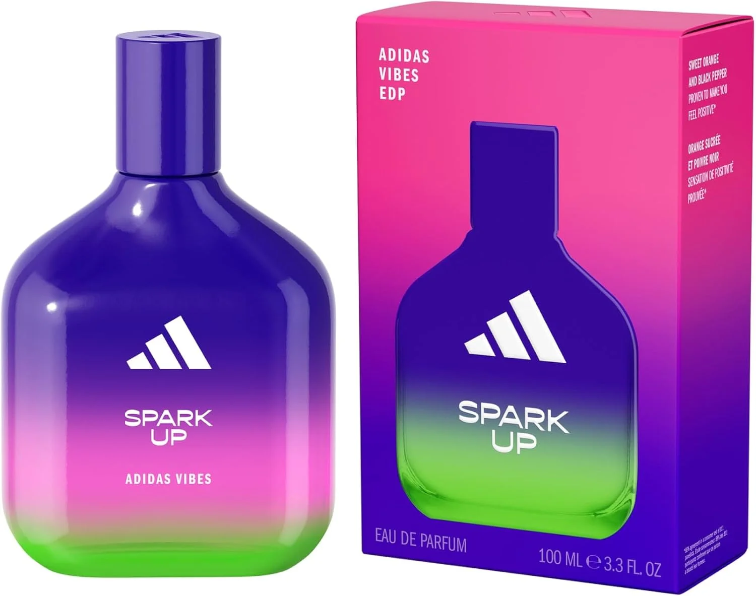 ادکلن آدیداس Vibes Spark Up Eau de Parfum مناسب برای همه، انرژی بخش و محرک، رایحه ماندگار، پرتقال شیرین و فلفل سیاه 100 میلی لیتر