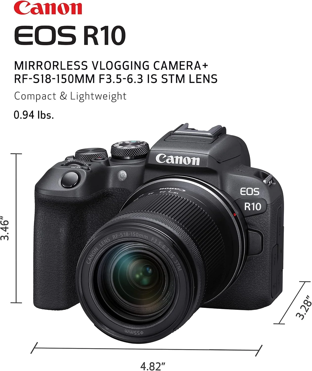 دوربین بدون آینه کانن EOS R10 RF-S18-150mm F3.5-6.3 IS STM، دوربین ولاگینگ، 24.2 مگاپیکسل، فیلمبرداری 4K، پردازنده تصویر DIGIC X، عکاسی با سرعت بالا، ردیابی سوژه، جمع و جور، برای تولیدکنندگان محتوا - مشکی