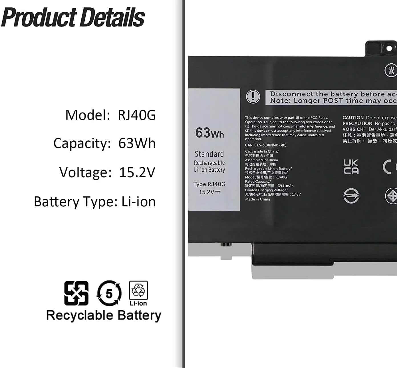 باطری لپ تاپ GULF SELLER RJ40G برای Dell Latitude 14 5420، Latitude 15 5520، Precision 15 3560، Mobile Workstation P137G، P104F، P137G001، P104F001، P104F002، 075X16، 01K2CF، WY9DX، 0M3KCN
