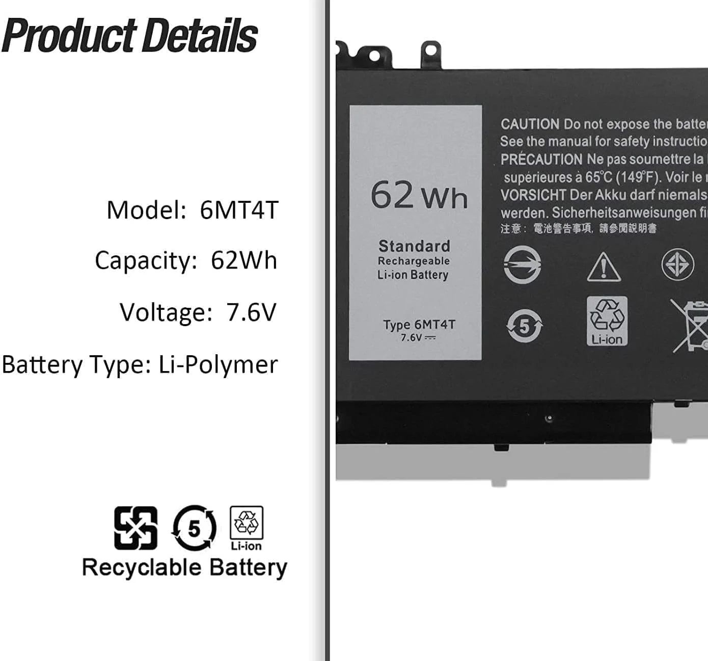باتری اصلی لپ تاپ (6MT4T) مناسب برای Dell Latitude E5470 E5570 E5270 Precision 15 3510 Mobile Workstation WYJC2 VMKXM 7V69Y 0C1P4 79VRK 07V69Y 451-BBTW 451-BBUN 451-BBUQ 535NC HK6DV