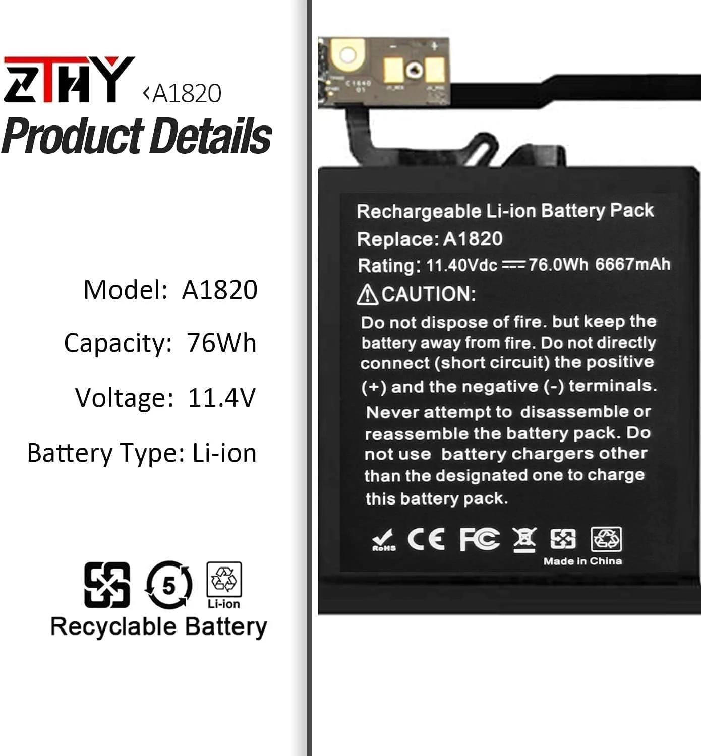 باتری ZTHY A1820 برای مک بوک پرو 15 اینچ A1707 اواخر 2016 / اواسط 2017 EMC 3072 EMC 3162 MLH32CH/A MLH42CH/A MLW72CH/A MLW82CH/A MPTR2LL/A MPTT2LL/A 11.4V 76Wh 6667mAh