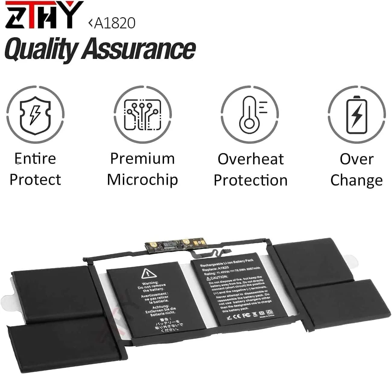 باتری ZTHY A1820 برای مک بوک پرو 15 اینچ A1707 اواخر 2016 / اواسط 2017 EMC 3072 EMC 3162 MLH32CH/A MLH42CH/A MLW72CH/A MLW82CH/A MPTR2LL/A MPTT2LL/A 11.4V 76Wh 6667mAh