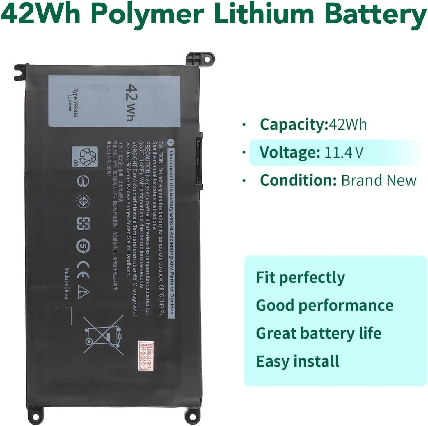 باتری لپ تاپ YRDD6 با کارایی بالا 42Wh 3500mah – جایگزین | سازگار با Dell Inspiron 15 سری 3000، 5000، 7000 (3501، 3582، 3583، 3584، 3593، 5584، 5585، 5590، 5591، 5593) و غیره