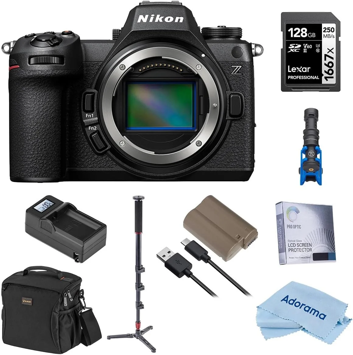دوربین بدون آینه نیکون Z6III، به همراه کارت حافظه 128 گیگابایتی، باتری، تک پایه، میکروفون، کیت شارژر و کیف
