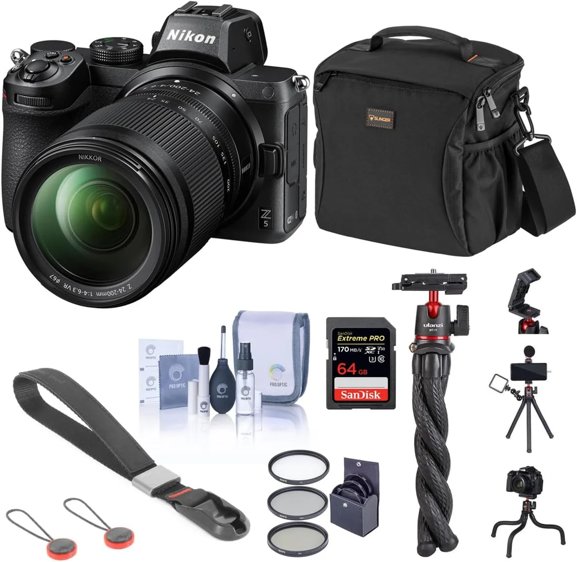 دوربین بدون آینه فول فریم نیکون Z5 با لنز زوم 24-200 میلی‌متری، بسته پایه با کارت SD 64 گیگابایتی، کیف، سه‌پایه انعطاف‌پذیر، بند مچی و لوازم جانبی