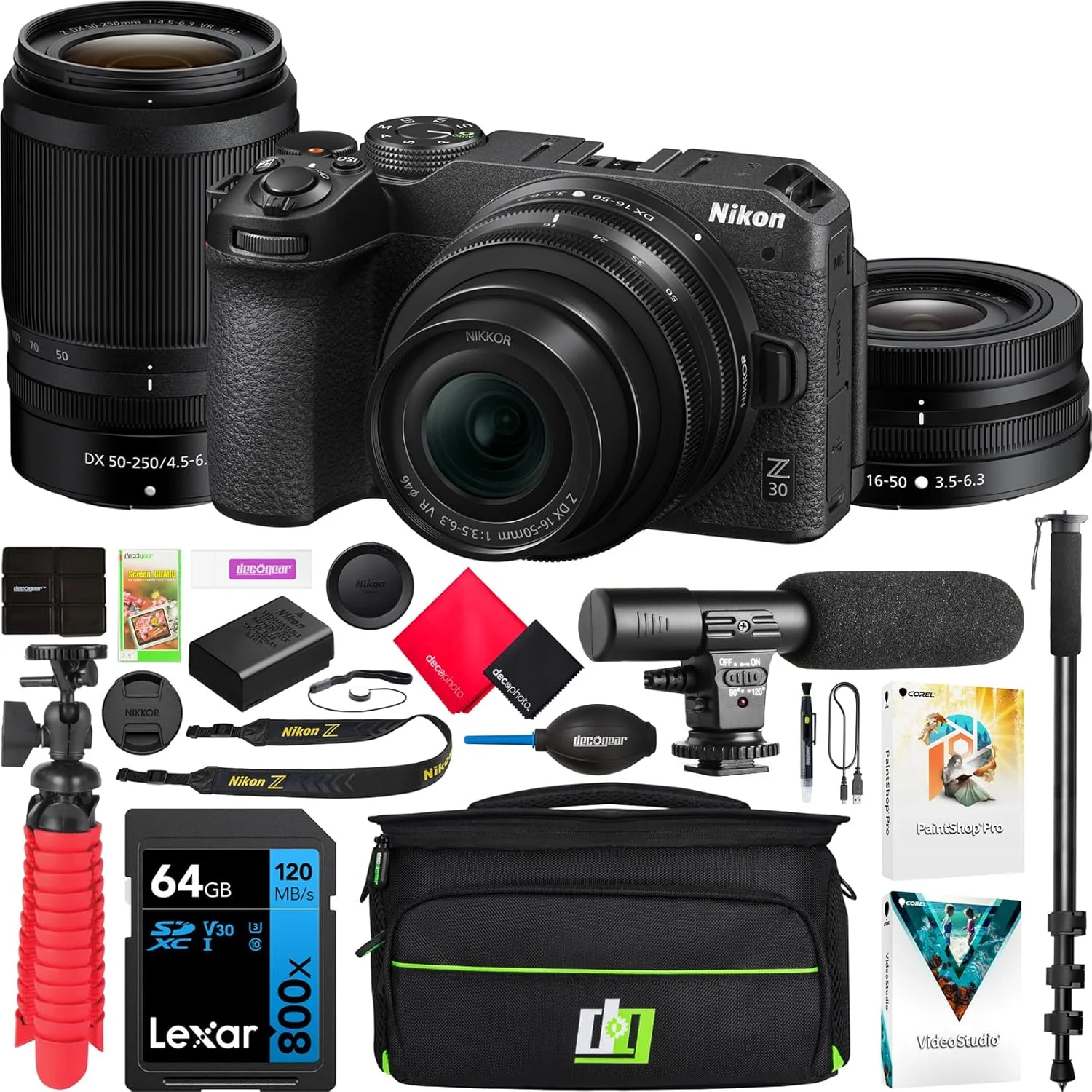 دوربین بدون آینه نیکون Z 30 4K DX بدنه با کیت 2 لنز NIKKOR Z DX 16-50mm و 50-250mm 1743 به همراه کیف عکاسی Deco Gear + میکروفون + تک پایه + کارت 64 گیگابایتی + نرم افزار و لوازم جانبی