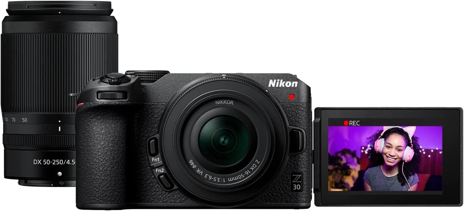 دوربین بدون آینه نیکون Z 30 4K DX بدنه با کیت 2 لنز NIKKOR Z DX 16-50mm و 50-250mm 1743 به همراه کیف عکاسی Deco Gear + میکروفون + تک پایه + کارت 64 گیگابایتی + نرم افزار و لوازم جانبی