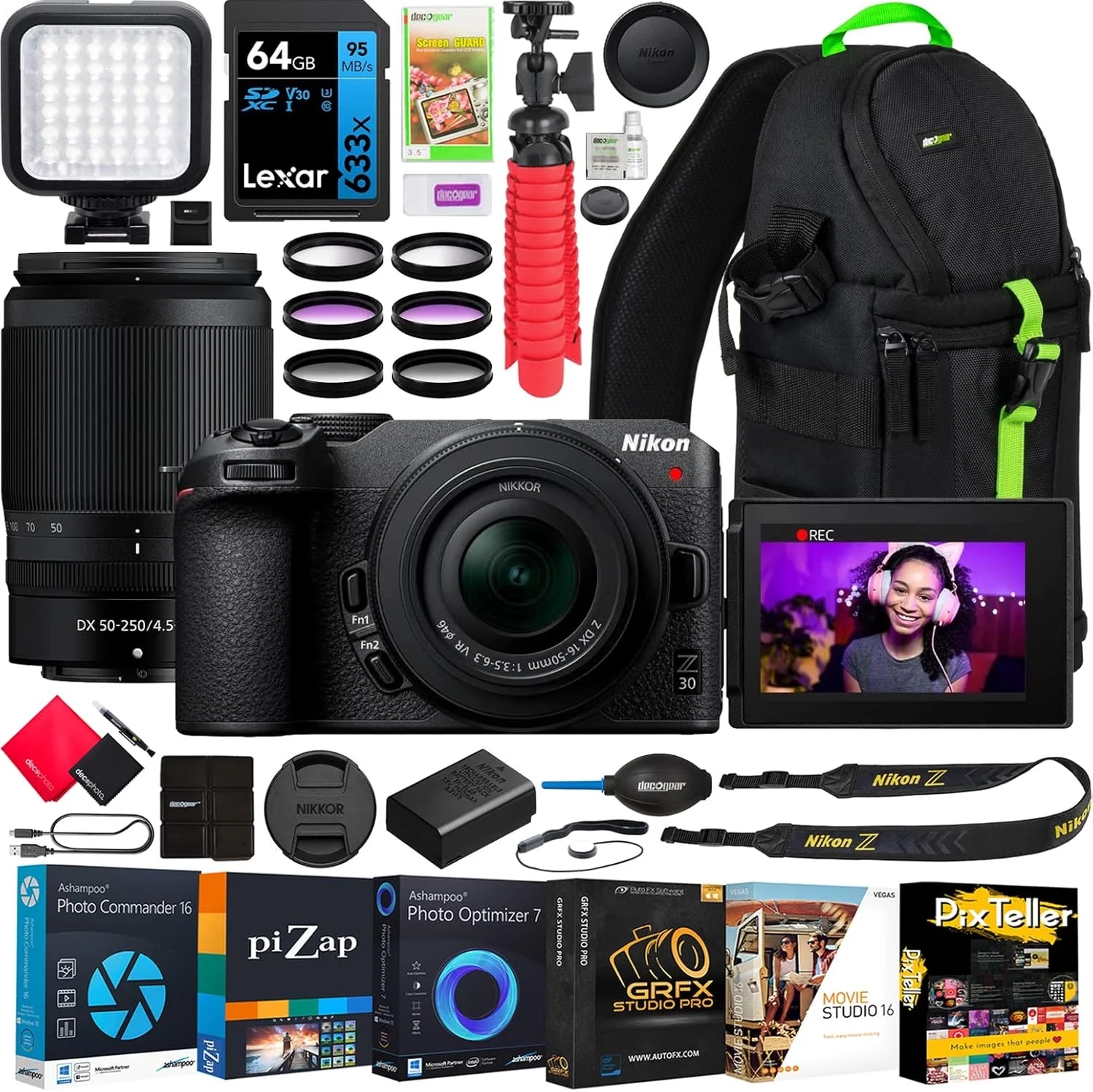 دوربین بدون آینه نیکون Z30 با دو لنز NIKKOR Z DX 16-50mm F3.5-6.3 VR و 50-250mm F4.5-6.3 VR همراه با کوله پشتی عکاسی Deco Gear + LED + کیت فیلتر + سه پایه + نرم افزار و لوازم جانبی