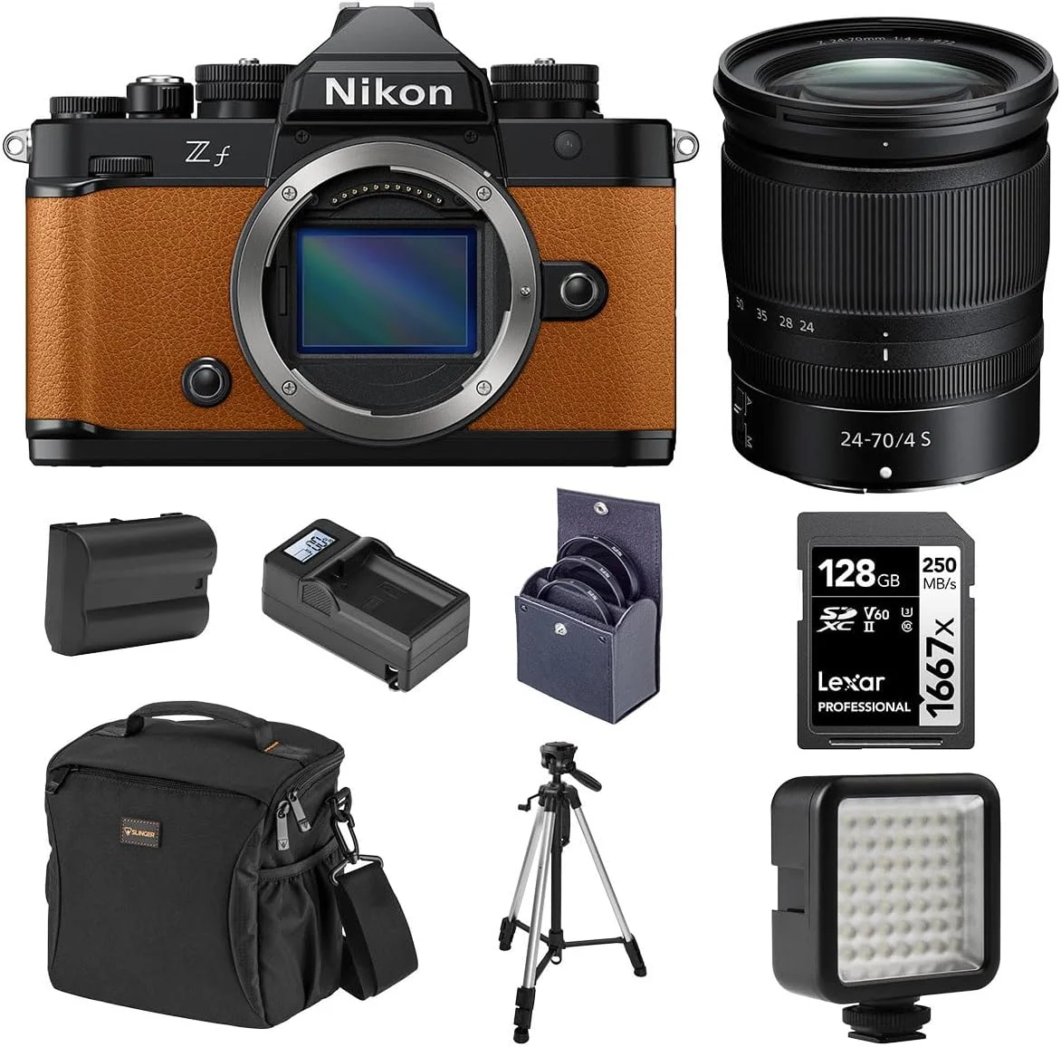 دوربین بدون آینه نیکون Z f، نارنجی با لنز NIKKOR Z 24-70mm f/4 S، به همراه باتری، کارت حافظه 128 گیگابایتی، نور LED کوچک W49 و سه پایه