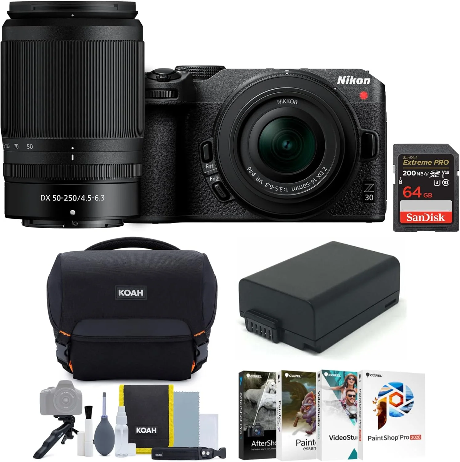 دوربین بدون آینه نیکون Z 30 با لنزهای Z DX 16-50mm VR و NIKKOR Z DX 50-250mm به همراه باتری ENEL25، کیف لوازم جانبی و کیت تمیز کننده، کارت حافظه 64 گیگابایتی و مجموعه نرم افزاری نسخه 4.0 (4 قلم)
