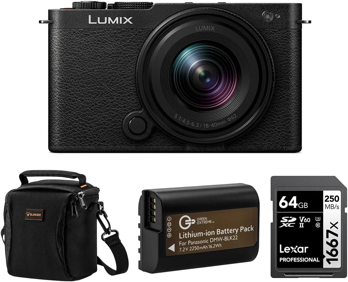 دوربین بدون آینه پاناسونیک LUMIX S9 با لنز LUMIX S 18-40mm f/4.5-6.3، مشکی جت، همراه با کارت حافظه 64 گیگابایتی UHS-II SDXC حرفه ای 1667x، کیف شانه آلپاین 120، باتری لیتیوم یونی DMW-BLK22