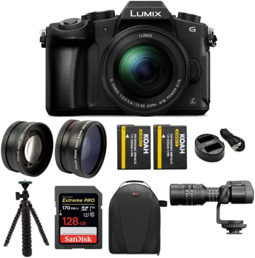 دوربین بدون آینه پاناسونیک Lumix G85 4K به همراه لنز G Vario 12-60mm، به همراه مانت میکروفون، کارت SD 128 گیگابایتی، باتری و شارژر دوتایی، کوله پشتی، ست لنز 58 میلی متری و سه پایه (7 تکه)