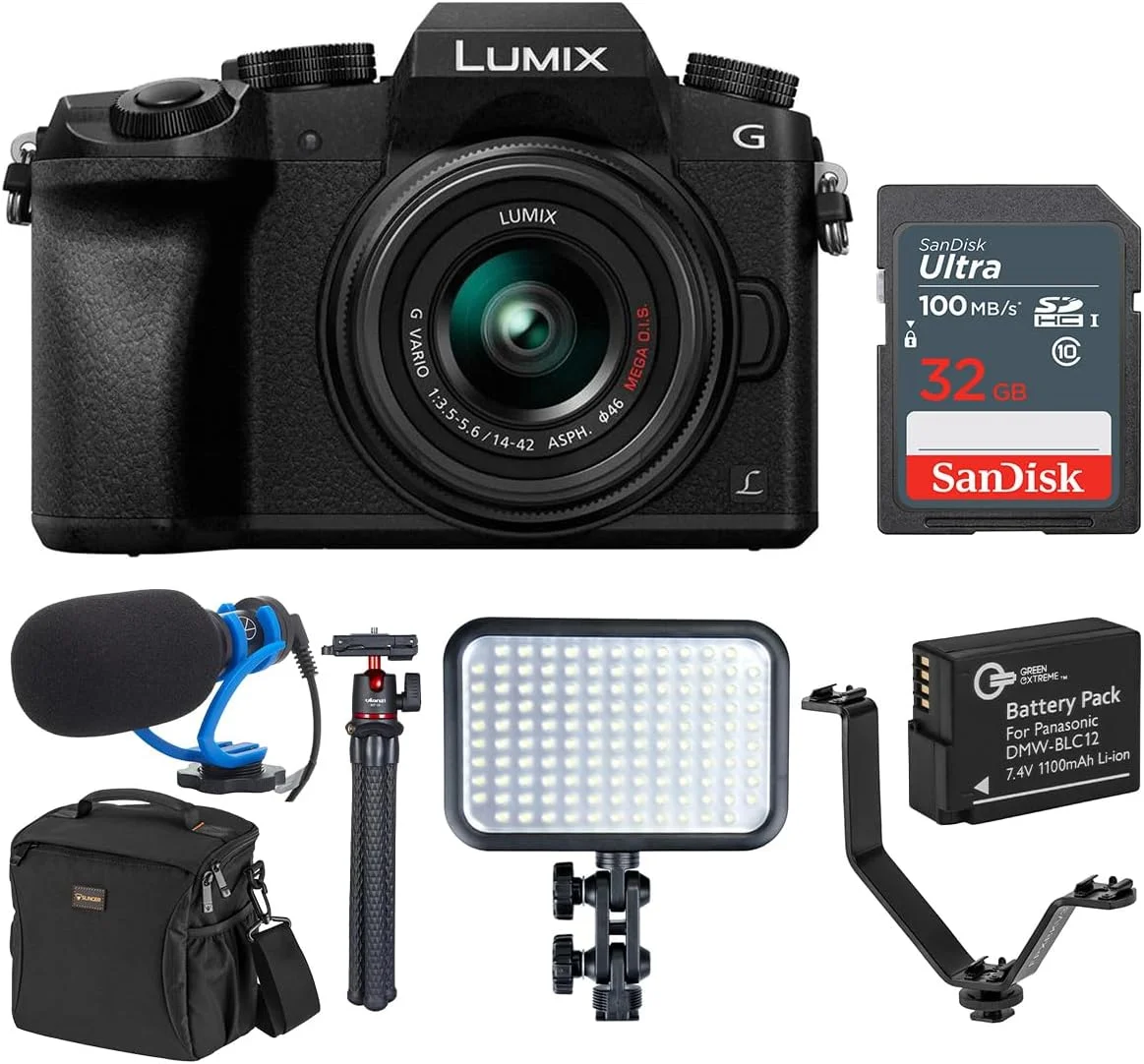 دوربین دیجیتال بدون آینه پاناسونیک لومیکس G7 4K مشکی با لنز 14-42 میلی‌متری، 16 مگاپیکسل، همراه با میکروفون Marantz، نور LED، کیت Joby GorillaPod 3K، باتری، کیف، کارت SD 32 گیگابایتی، براکت 3 کفشک