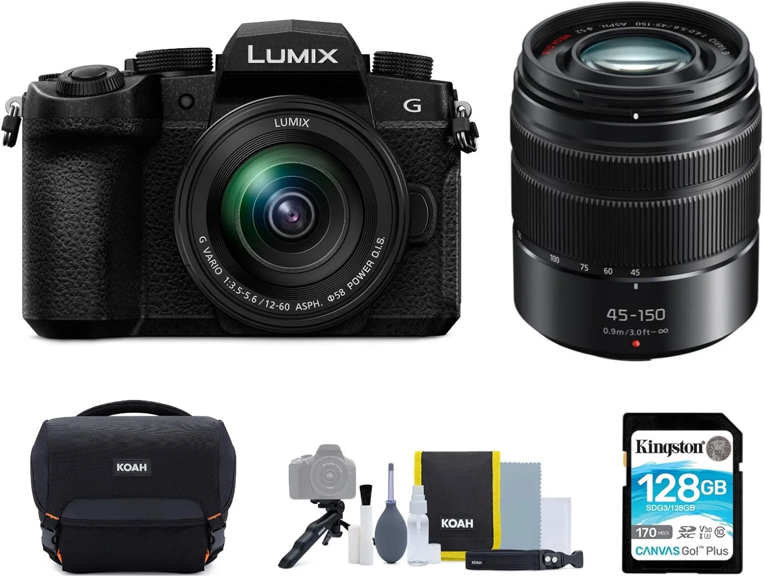 دوربین بدون آینه پاناسونیک LUMIX G95 با سنسور 20.3 مگاپیکسل به همراه لنز 12-60mm F3.5-5.6، لنز LUMIX 45-150mm F4.0-5.6 G Vario، کارت حافظه 128 گیگابایتی SDXC و کیف لوازم جانبی دوربین (4 قطعه)