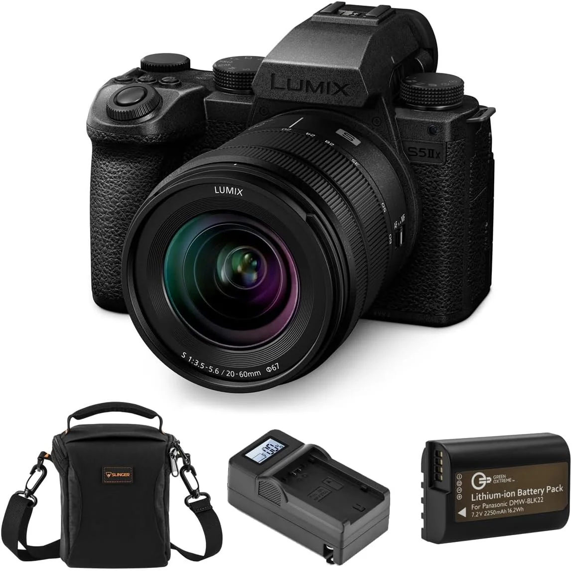 دوربین بدون آینه پاناسونیک LUMIX S5IIX با لنز 20-60 میلی‌متری f/3.5-5.6، به همراه باتری، شارژر هوشمند و کیف شانه‌ای