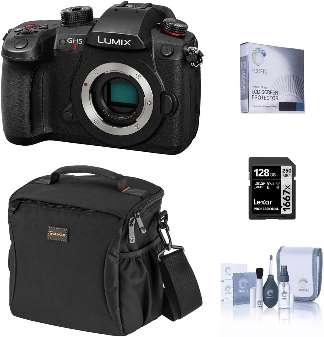 دوربین بدون آینه پاناسونیک LUMIX GH5II به همراه کارت حافظه 128 گیگابایتی، کیف رودوشی، محافظ صفحه نمایش و کیت تمیز کننده