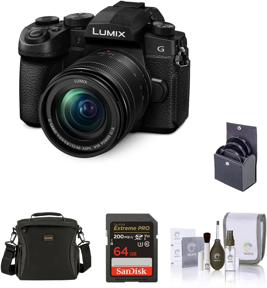 دوربین بدون آینه پاناسونیک LUMIX G95 با لنز LUMIX G Vario 12-60mm f/3.5-5.6 MFT به همراه کارت حافظه 64 گیگابایتی، کیف شانه ای، کیت فیلتر 58 میلی متری و کیت تمیز کننده