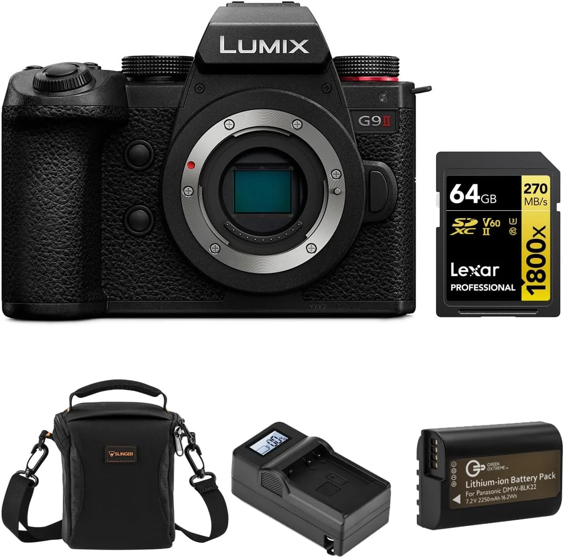 دوربین بدون آینه پاناسونیک LUMIX G9II به همراه کارت حافظه 64 گیگابایتی Lexar، باتری، صفحه نگهدارنده و پایه شارژر هوشمند