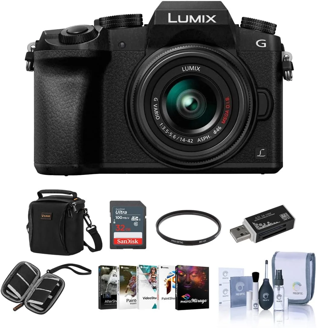 دوربین بدون آینه پاناسونیک Lumix DMC-G7 Micro Four Thirds با لنز 14-42 میلی‌متری، مشکی - همراه با کیف دوربین، کارت SDHC 32 گیگابایتی، کیت تمیزکننده، کیف کارت حافظه، کارت‌خوان، فیلتر UV 46 میلی‌متری، بسته نرم‌افزاری