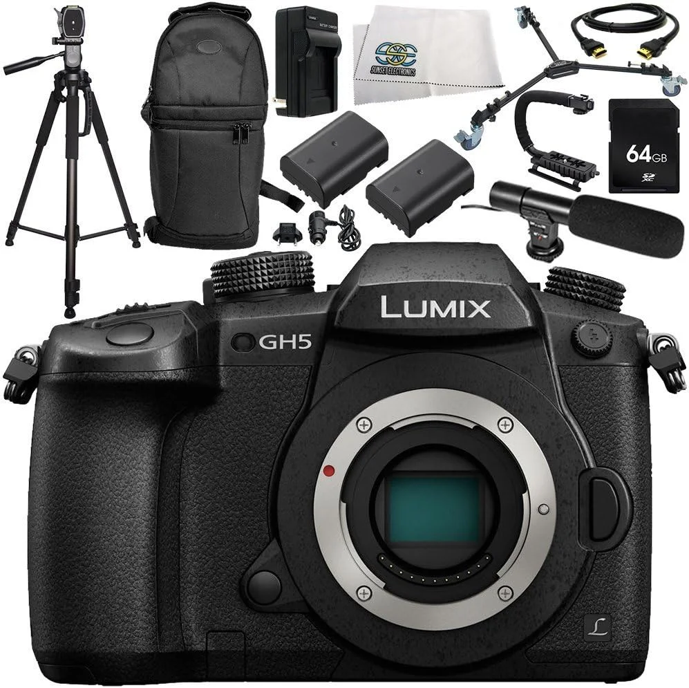 دوربین دیجیتال بدون آینه پاناسونیک Lumix DC-GH5 Micro Four Thirds به همراه بسته لوازم جانبی ۱۳ تکه – شامل کارت حافظه SD با ظرفیت ۶۴ گیگابایت + سایر موارد - نسخه بین المللی (فاقد ...)
