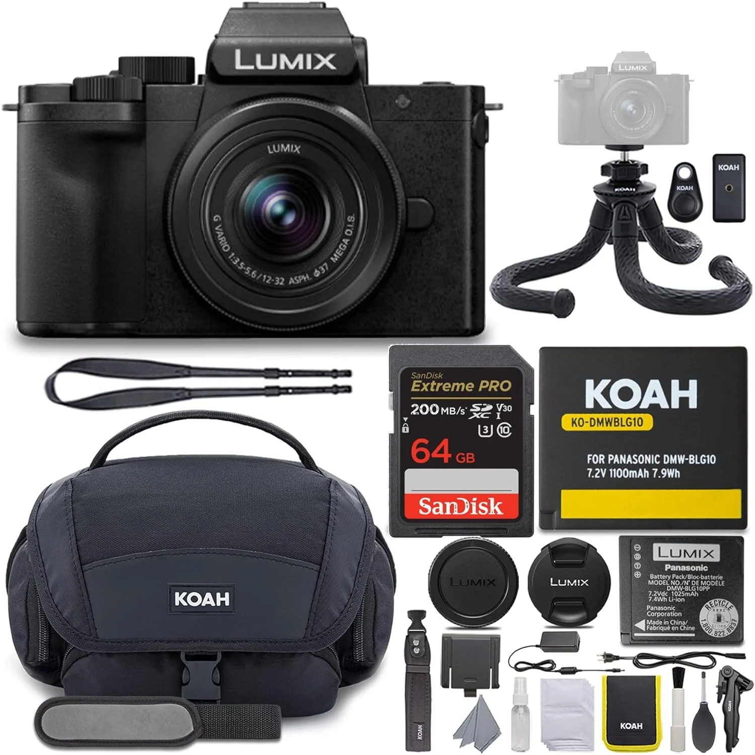 دوربین فیلمبرداری بدون آینه پاناسونیک مدل DC-G100KK LUMIX G100 4K به همراه لنز 32-12 میلی‌متری، کارت حافظه 64 گیگابایتی، کیف لوازم جانبی، باتری اضافی و سه‌پایه انعطاف‌پذیر 12 اینچی (5 قطعه)