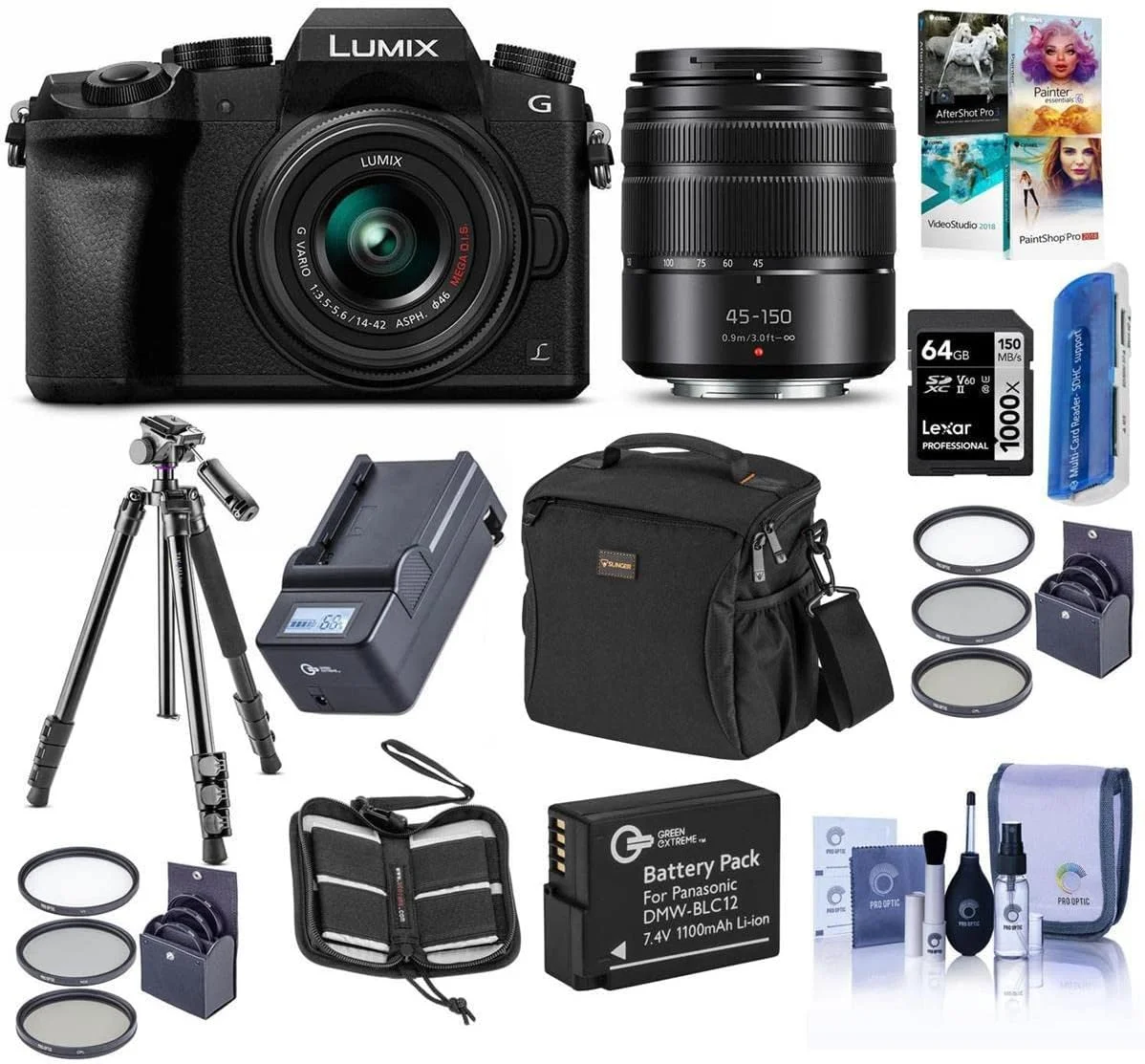 دوربین بدون آینه پاناسونیک Lumix DMC-G7 با لنزهای Lumix G Vario 14-42mm و 45-150mm، مشکی - همراه با کیف دوربین، کارت SDXC U3 با ظرفیت 64 گیگابایت، باتری اضافی، سه پایه، بسته نرم افزاری و موارد دیگر