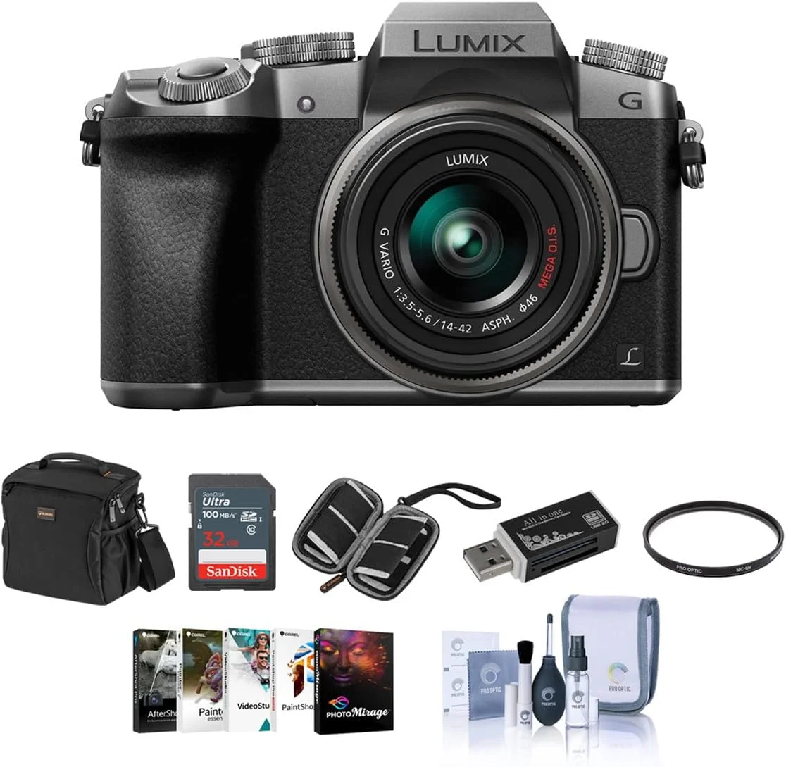 دوربین بدون آینه پاناسونیک Lumix DMC-G7 Micro 4/3s با لنز 14-42 میلی‌متری، نقره‌ای - همراه با کیف دوربین، کارت SDHC 32 گیگابایتی، کیت تمیزکننده، کیف کارت حافظه، کارت خوان، فیلتر UV 46 میلی‌متری، بسته نرم‌افزاری