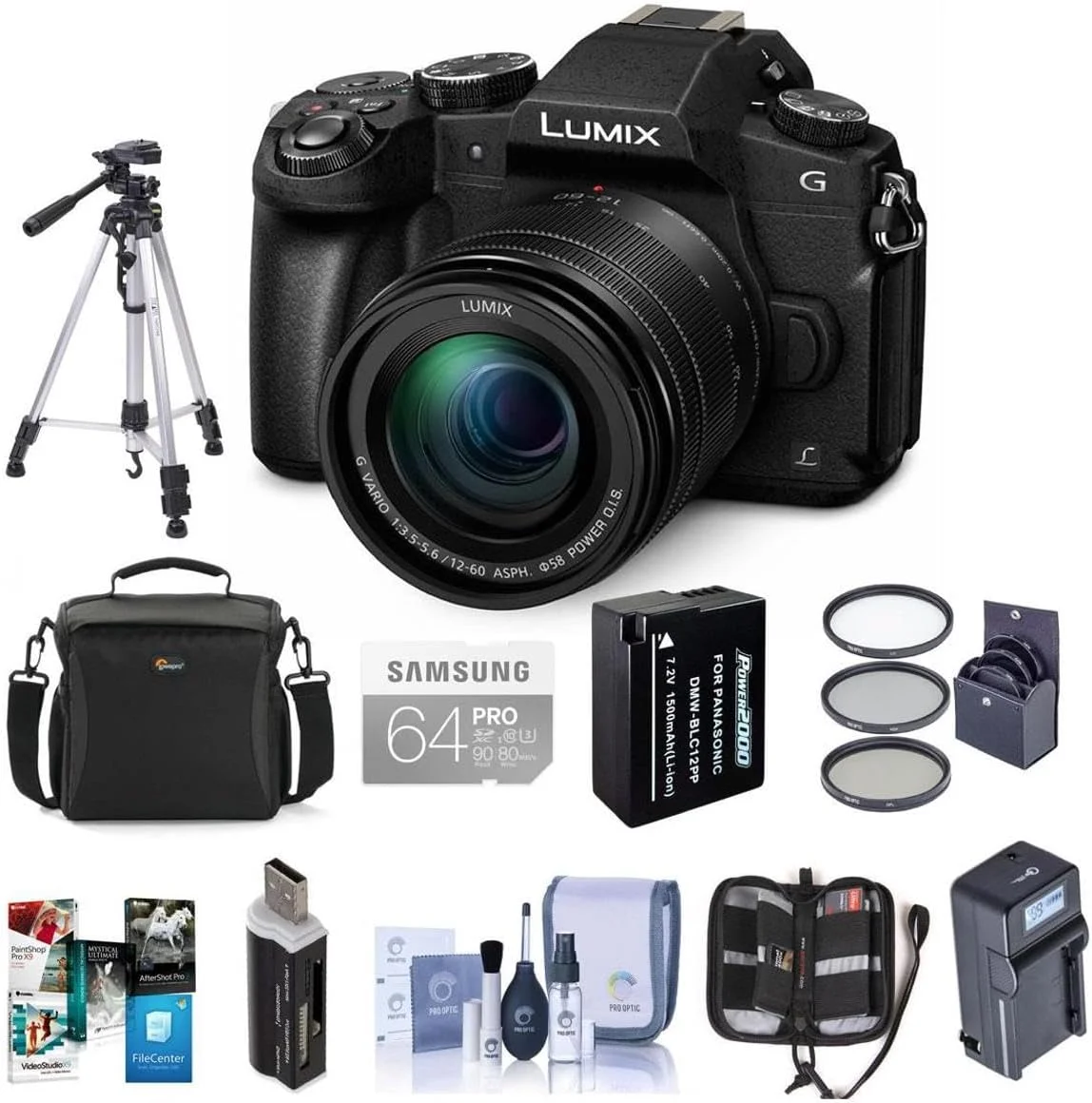 دوربین بدون آینه پاناسونیک Lumix DMC-G85 با لنز 12-60mm F/3.5-5.6 Lumix G Vario Power OIS، مشکی - همراه با کارت SDXC 64 گیگابایتی، باتری اضافی، سه پایه، شارژر جمع و جور، بسته نرم افزاری و موارد دیگر