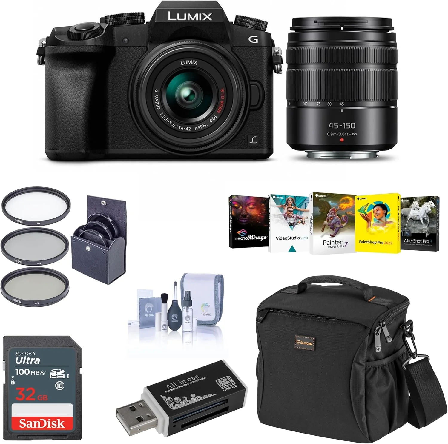 دوربین بدون آینه پاناسونیک Lumix DMC-G7 با لنزهای Lumix G Vario 14-42mm و 45-150mm، مشکی - همراه با کیف دوربین، کارت SDHC 32 گیگابایتی، فیلترهای UV 46mm/52mm، بسته نرم افزاری کامپیوتر و موارد دیگر