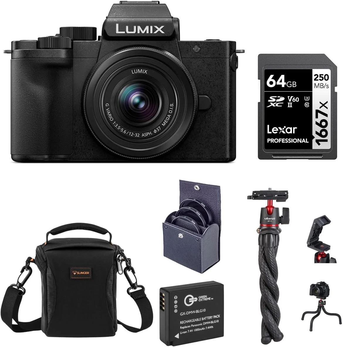 دوربین بدون آینه پاناسونیک LUMIX DC-G100D به همراه لنز G Vario 12-32mm f/3.5-5.6 ASPH OIS، به همراه باتری، کارت حافظه 64 گیگابایتی و سه پایه