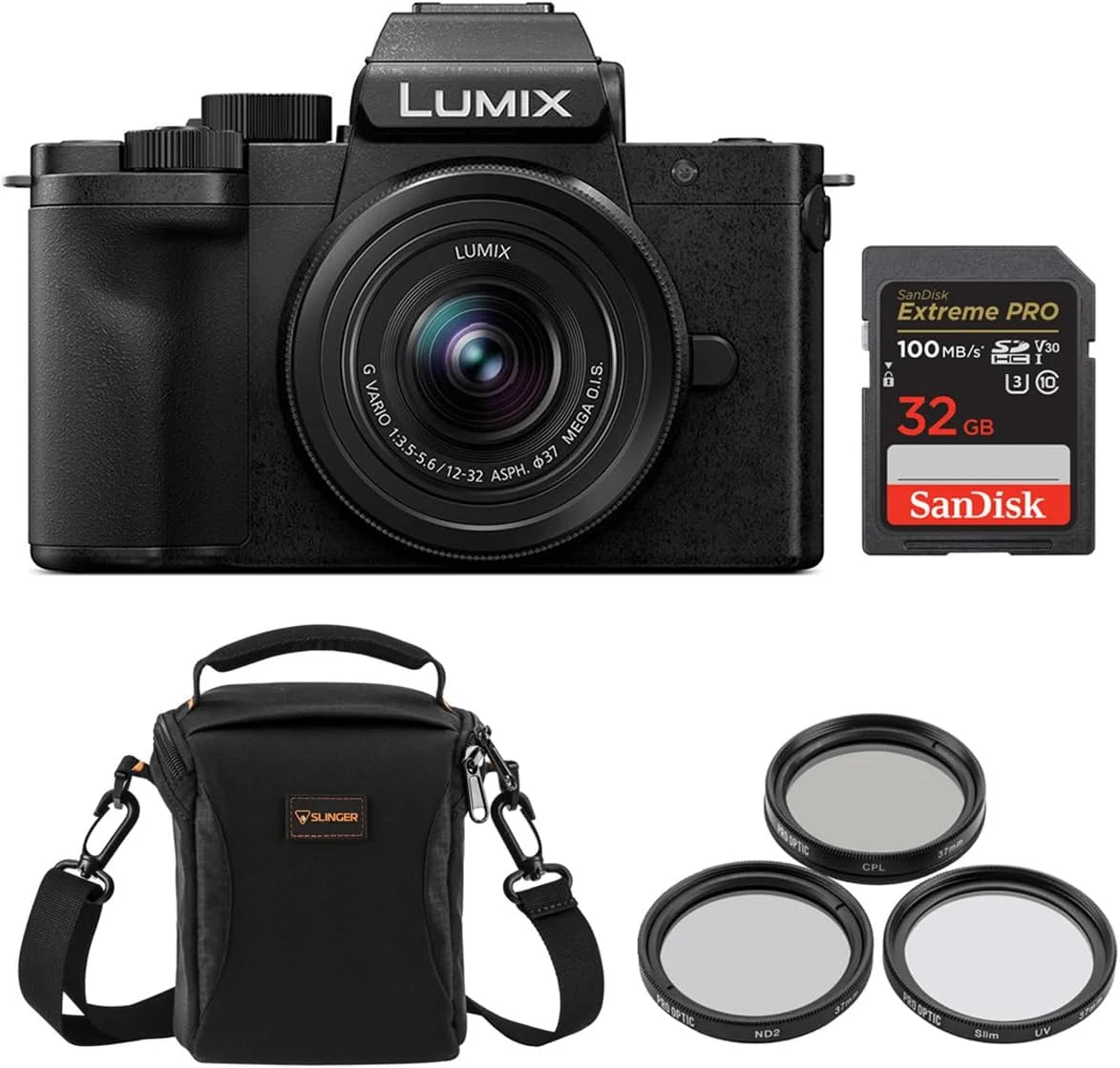 دوربین بدون آینه پاناسونیک LUMIX DC-G100D با لنز G Vario 12-32mm f/3.5-5.6 OIS، به همراه کارت حافظه 32 گیگابایتی، کیت فیلتر 37 میلی‌متری و کیف شانه‌ای