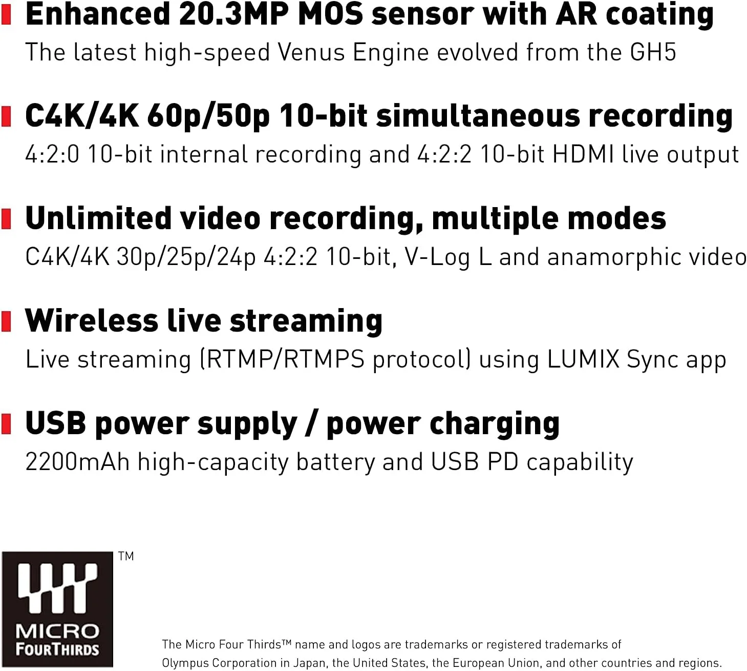 دوربین بدون آینه پاناسونیک LUMIX GH5M2، 20.3 مگاپیکسل Micro Four Thirds با پخش زنده، ویدئو 4K 4:2:2 10 بیتی، ضبط ویدئو نامحدود، تثبیت کننده تصویر 5 محوره DC-GH5M2 (بازسازی شده) دوربین بدون آینه پاناسونیک LUMIX GH5M2، 20.3 مگاپیکسل Micro Four Thirds با پخش زنده، ویدئو 4K 4:2:2 10 بیتی، ضبط ویدئو نامحدود، تثبیت کننده تصویر 5 محوره DC-GH5M2 (بازسازی شده)