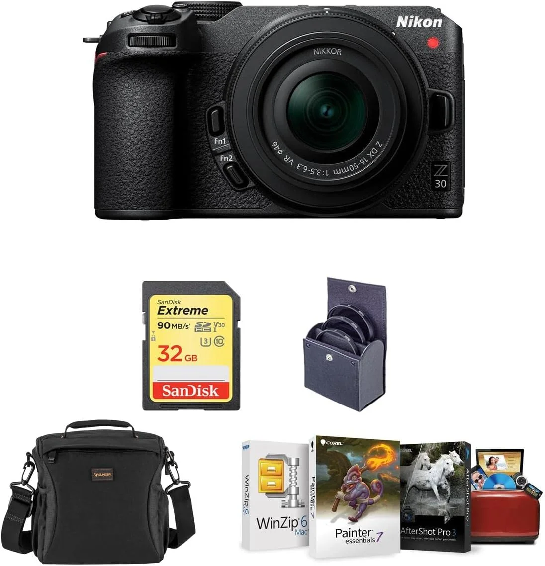 دوربین بدون آینه نیکون Z 30 با فرمت DX به همراه لنز 16-50 میلی‌متری، به همراه نرم‌افزار ویرایش عکس Corel Mac، کارت حافظه SD 32 گیگابایتی، کیف، فیلترهای UV، CPL و ND 46 میلی‌متری