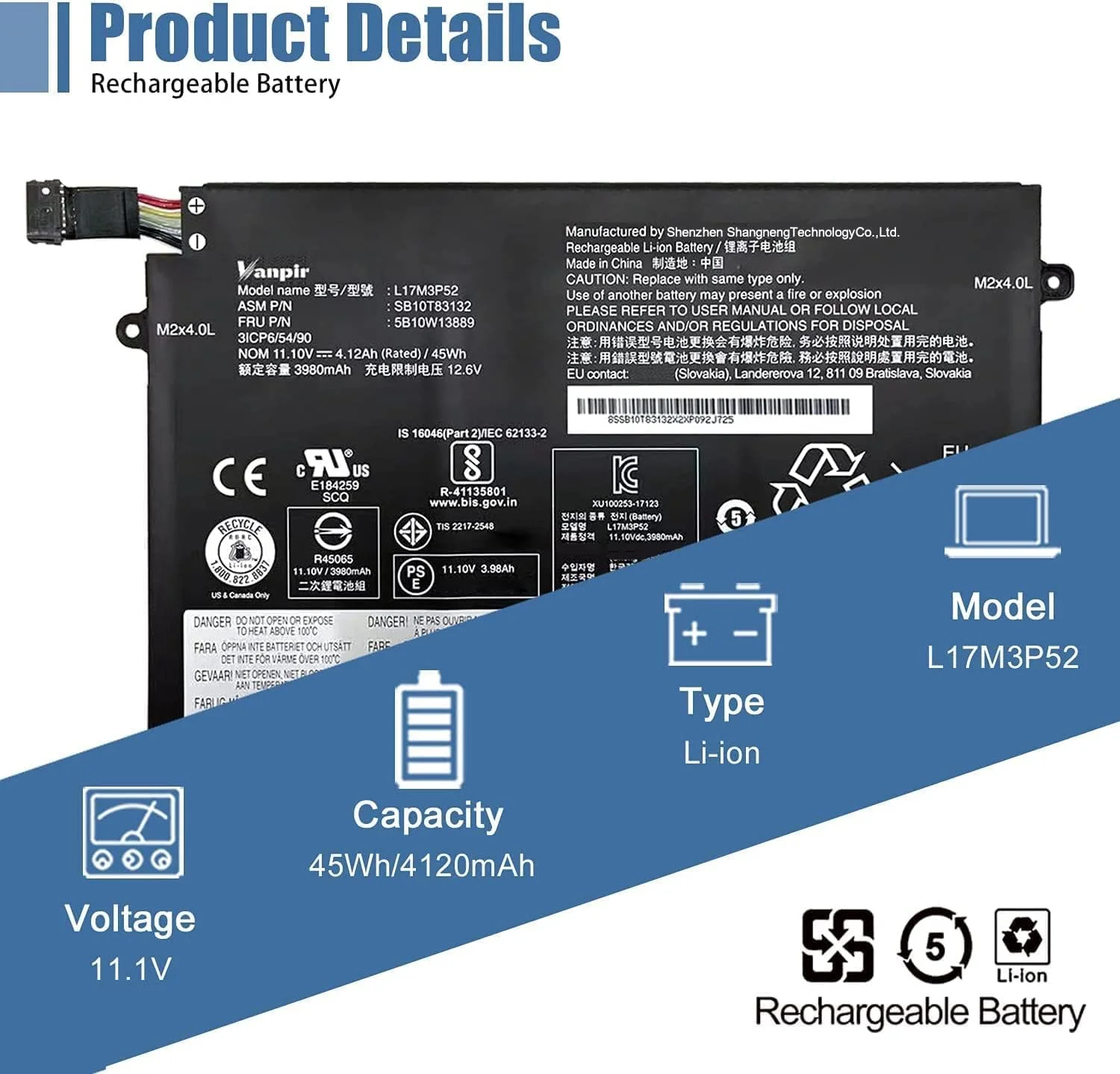 باتری لپ تاپ L17M3P52 سازگار با لپ تاپ های سری Lenovo ThinkPad E480 E485 E495 E580 E585 E490 E590 E595 مدل SB10K97608 L17M3P51 L17L3P51 SB10K97607 01AV446 01AV445 01AV448