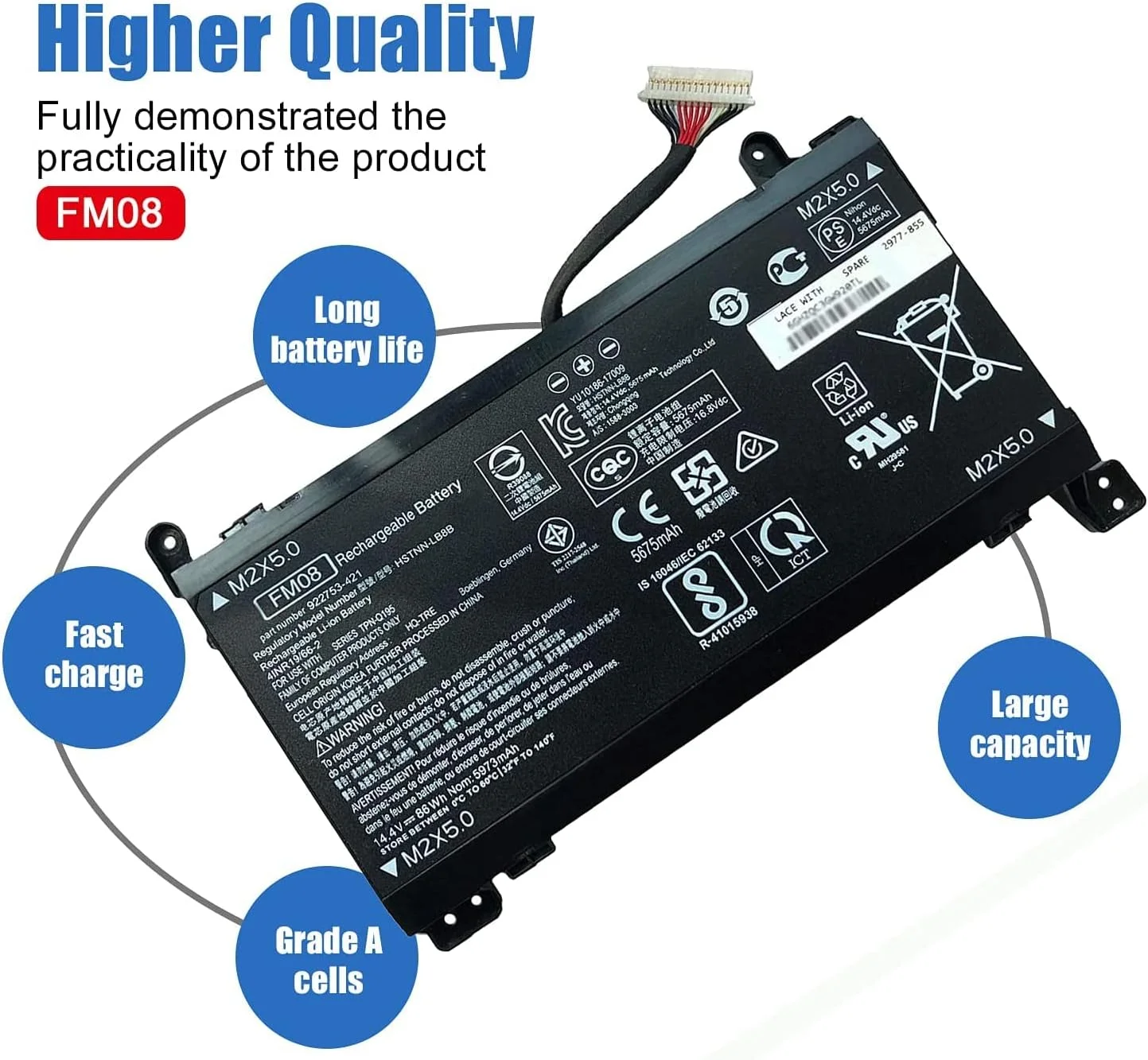 باتری قابل حمل سازگار برای HP OMEN 17-AN013TX 17-AN014TX 922753-421 (اتصال 16 پین) FM08 HSTNN-LB8B 14.4V 86Wh 5973mAh