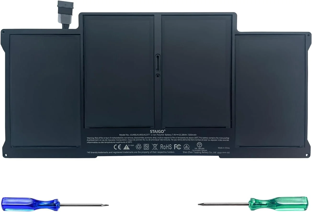 باتری جایگزین لپ تاپ STAIGO A1405/A1496/A1377 سازگار با ایر 13 اینچ (A1466، اواسط 2011/2012/2013، اوایل 2014/2015) (A1369، اواخر 2010) [لیتیوم-پلیمر 7.4 ولت، 7200 میلی آمپر ساعت/53,28 وات ساعت]