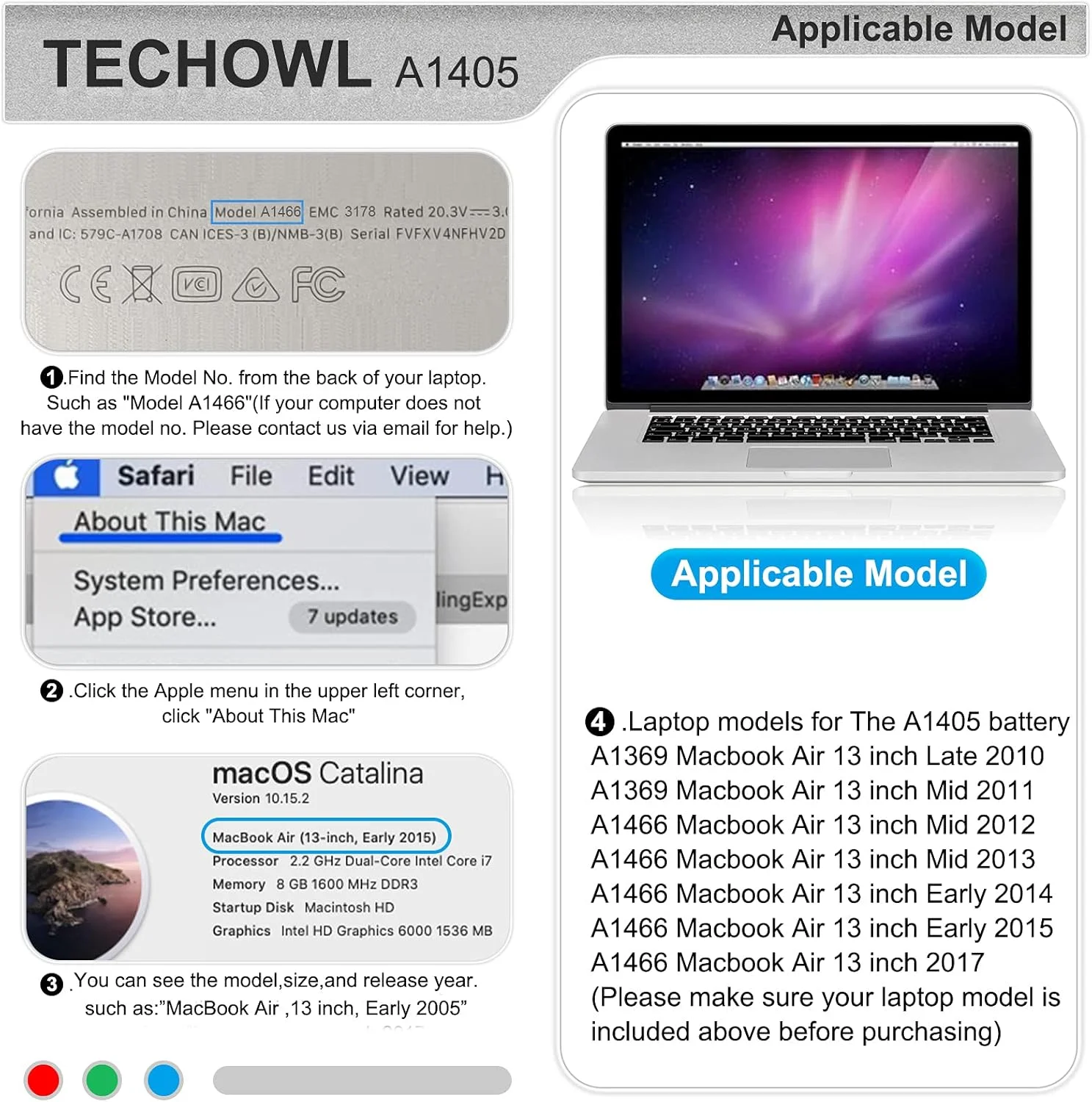 باتری جدید A1405 سازگار با باتری MacBook Air A1466 13 اینچی جایگزین باتری MacBook Air A1466 - [مدل قابل استفاده: A1466/A1369، MacBook Air، 13 اینچ، 2010-2017]